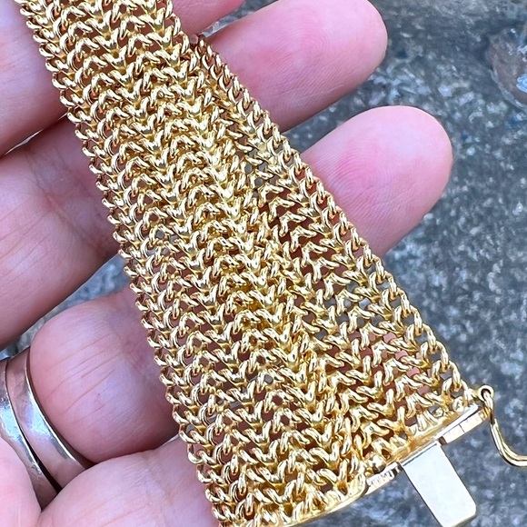 18K YELLOW GOLD WIDE FLEXIBLE CHAINS BRACELET MADE IN ITALY STATEMENT GORGEOUS - Picture 8 of 16